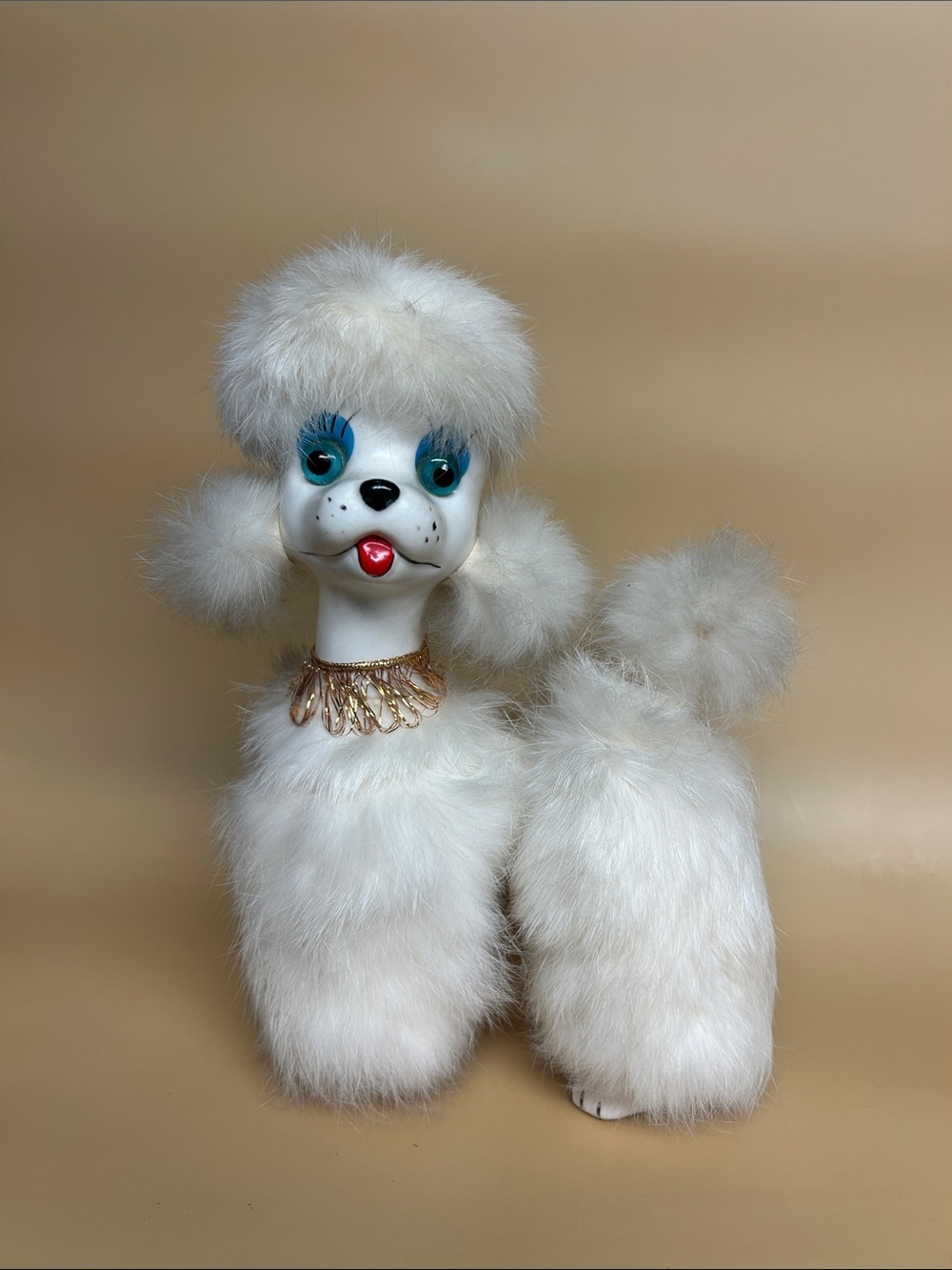 Elegant White Poodle Figurine MCM Poodle Dog 1960's Rabbit Fur Glass eyes
